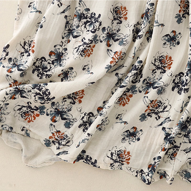 Buddha Stones Casual Small Floral Pattern Crew Neck Cotton Linen Midi Dress With Pockets - image 9