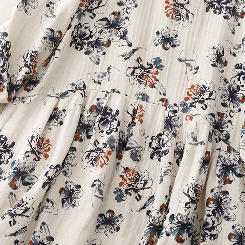 Buddha Stones Casual Small Floral Pattern Crew Neck Cotton Linen Midi Dress With Pockets - image 7