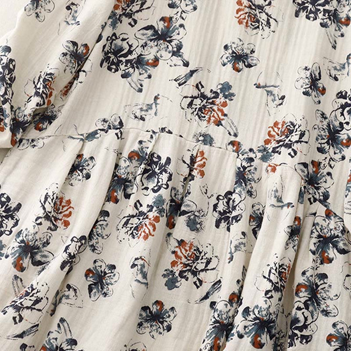 Buddha Stones Casual Small Floral Pattern Crew Neck Cotton Linen Midi Dress With Pockets - image 7
