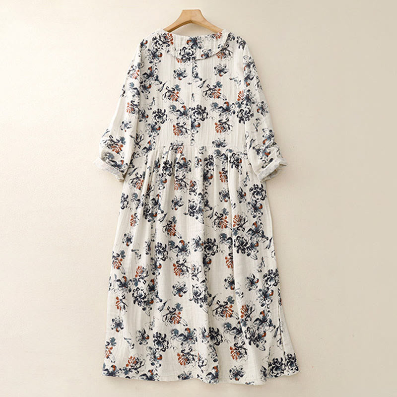 Buddha Stones Casual Small Floral Pattern Crew Neck Cotton Linen Midi Dress With Pockets - image 2