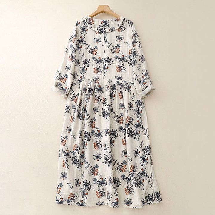 Buddha Stones Casual Small Floral Pattern Crew Neck Cotton Linen Midi Dress With Pockets - image 2