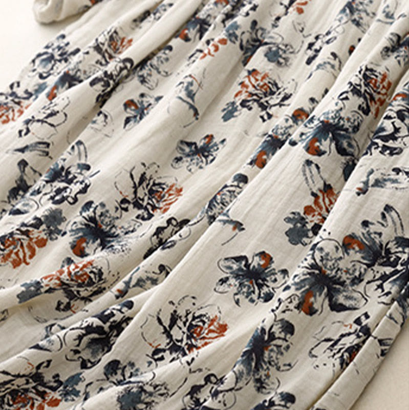 Buddha Stones Casual Small Floral Pattern Crew Neck Cotton Linen Midi Dress With Pockets - image 8
