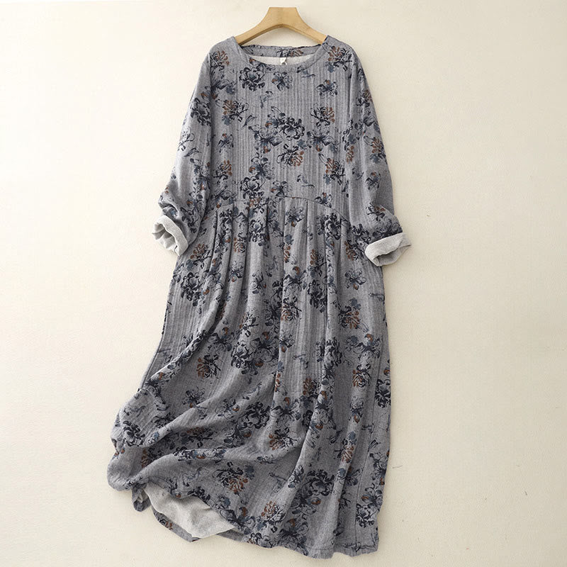 Buddha Stones Casual Small Floral Pattern Crew Neck Cotton Linen Midi Dress With Pockets - Gray - US8-10，UK/AU12-14，EU40-42 (2XL) - image 11