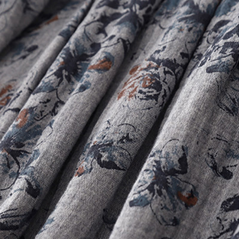 Buddha Stones Casual Small Floral Pattern Crew Neck Cotton Linen Midi Dress With Pockets - image 14