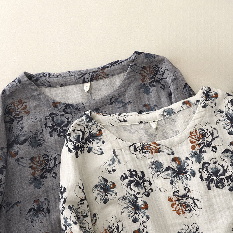 Buddha Stones Casual Small Floral Pattern Crew Neck Cotton Linen Midi Dress With Pockets - image 21