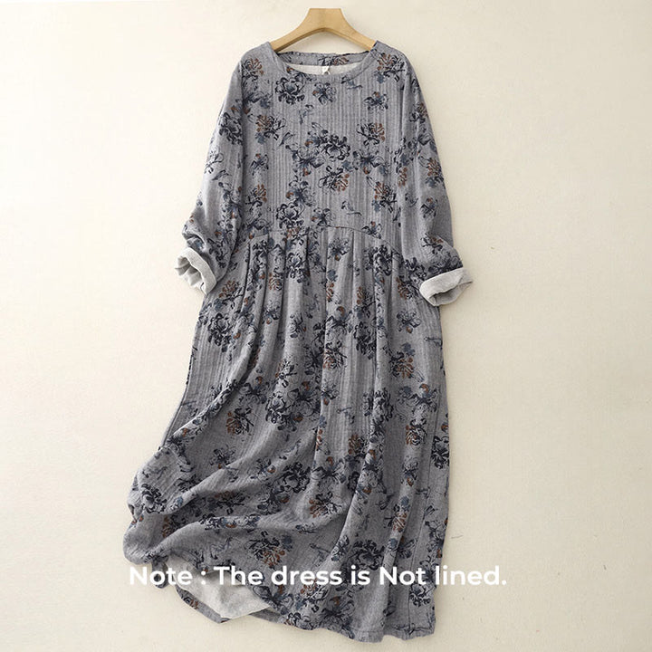 Buddha Stones Casual Small Floral Pattern Crew Neck Cotton Linen Midi Dress With Pockets - image 12