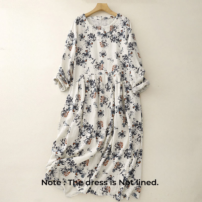 Buddha Stones Casual Small Floral Pattern Crew Neck Cotton Linen Midi Dress With Pockets - image 1