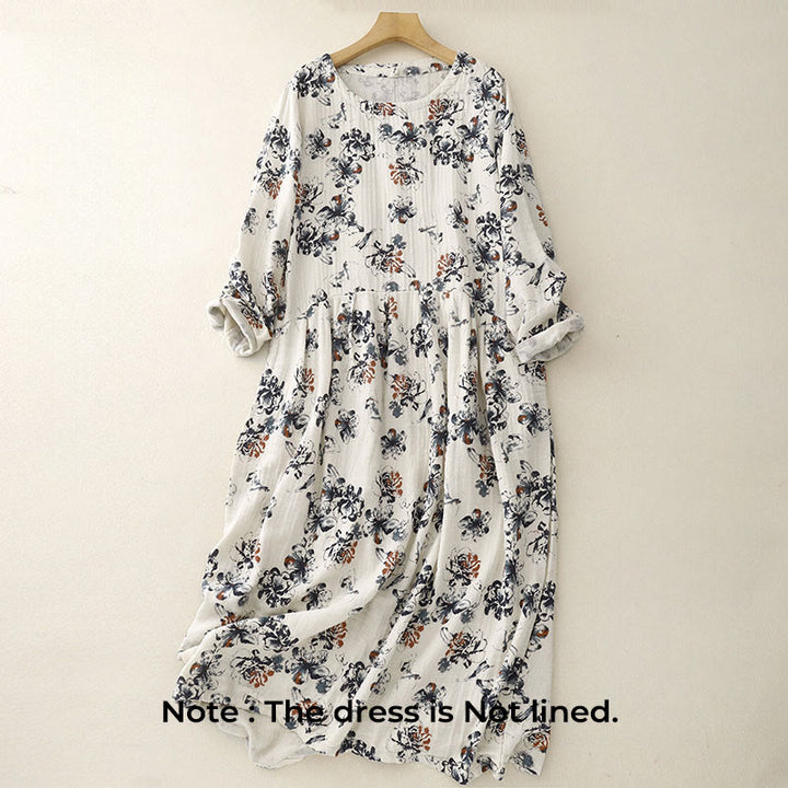 Buddha Stones Casual Small Floral Pattern Crew Neck Cotton Linen Midi Dress With Pockets - image 1