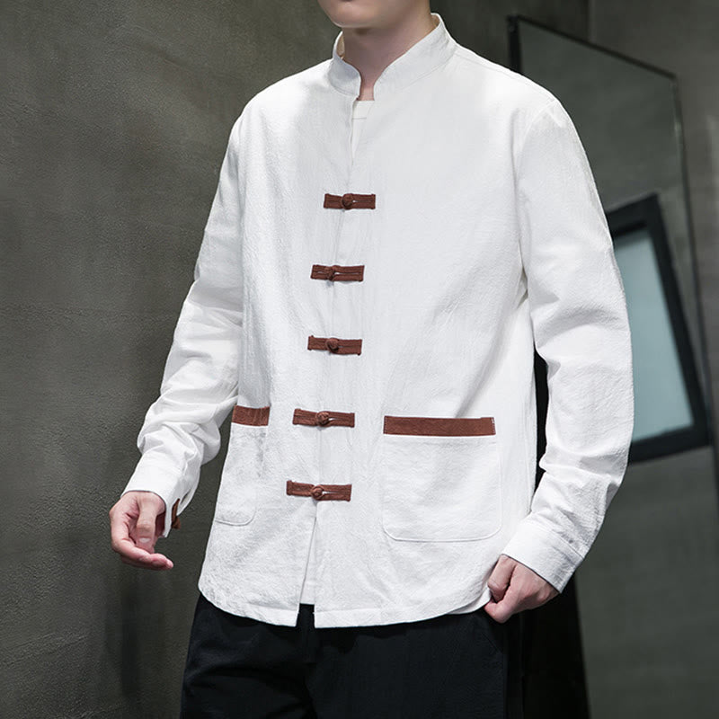 Buddha Stones Men's Stand Collar Frog-button Cotton Linen Long Sleeve Shirt With Pockets - image 2