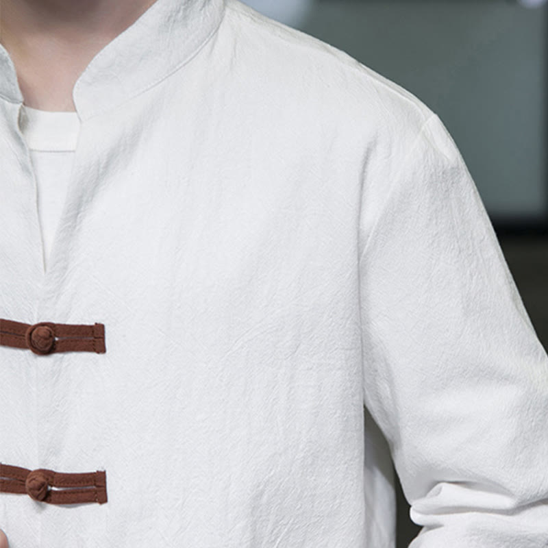 Buddha Stones Men's Stand Collar Frog-button Cotton Linen Long Sleeve Shirt With Pockets - image 7