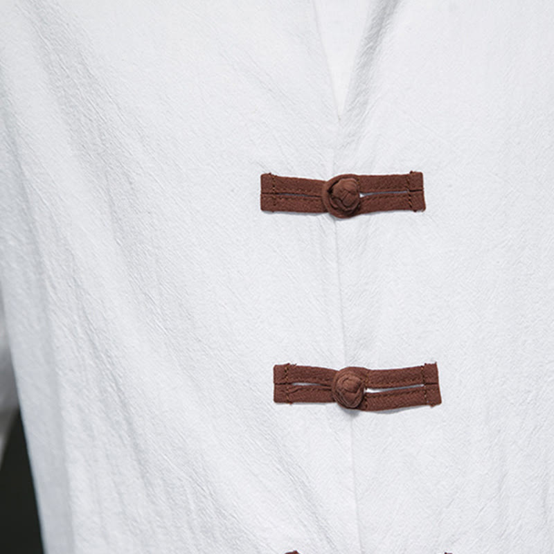 Buddha Stones Men's Stand Collar Frog-button Cotton Linen Long Sleeve Shirt With Pockets - image 6