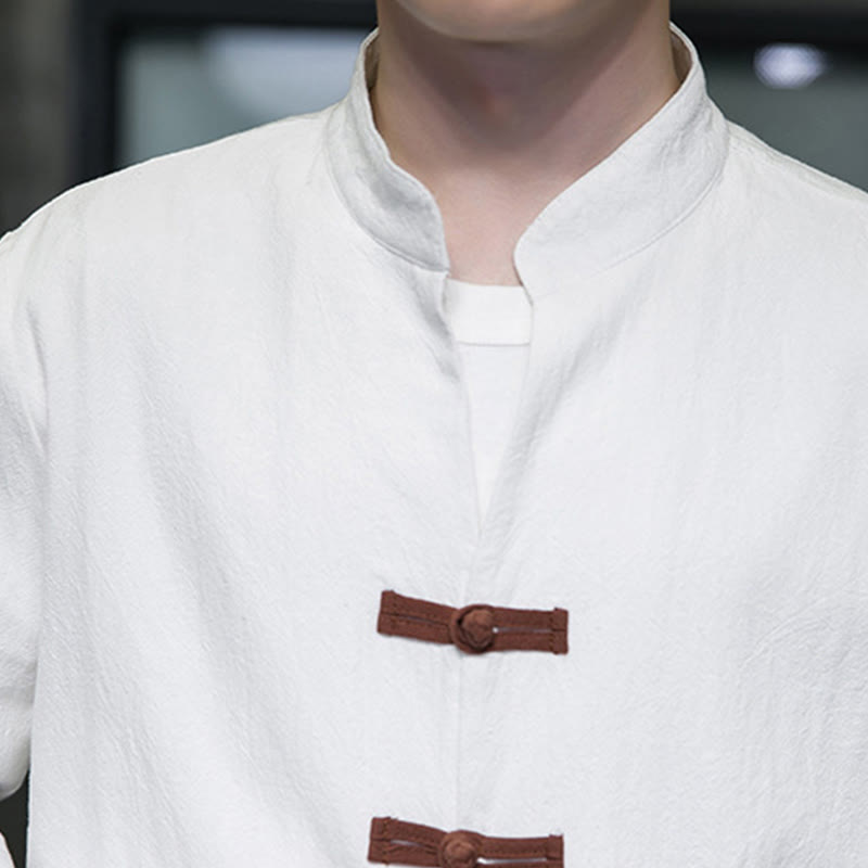 Buddha Stones Men's Stand Collar Frog-button Cotton Linen Long Sleeve Shirt With Pockets - image 8