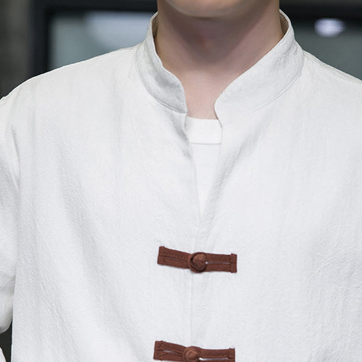 Buddha Stones Men's Stand Collar Frog-button Cotton Linen Long Sleeve Shirt With Pockets - image 8