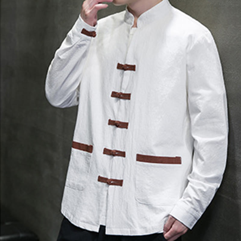 Buddha Stones Men's Stand Collar Frog-button Cotton Linen Long Sleeve Shirt With Pockets - image 1