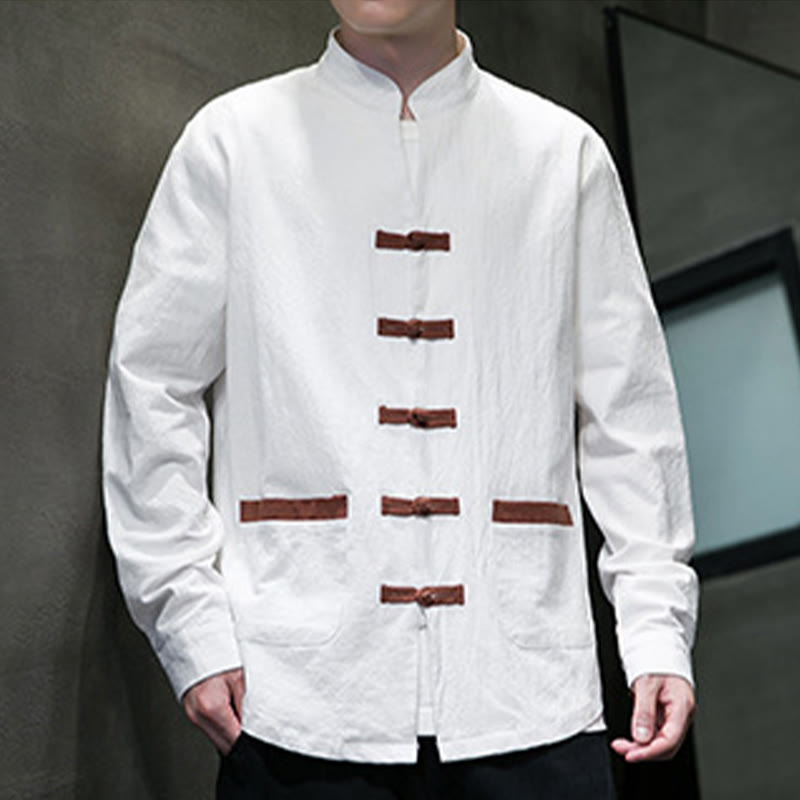Buddha Stones Men's Stand Collar Frog-button Cotton Linen Long Sleeve Shirt With Pockets - image 4