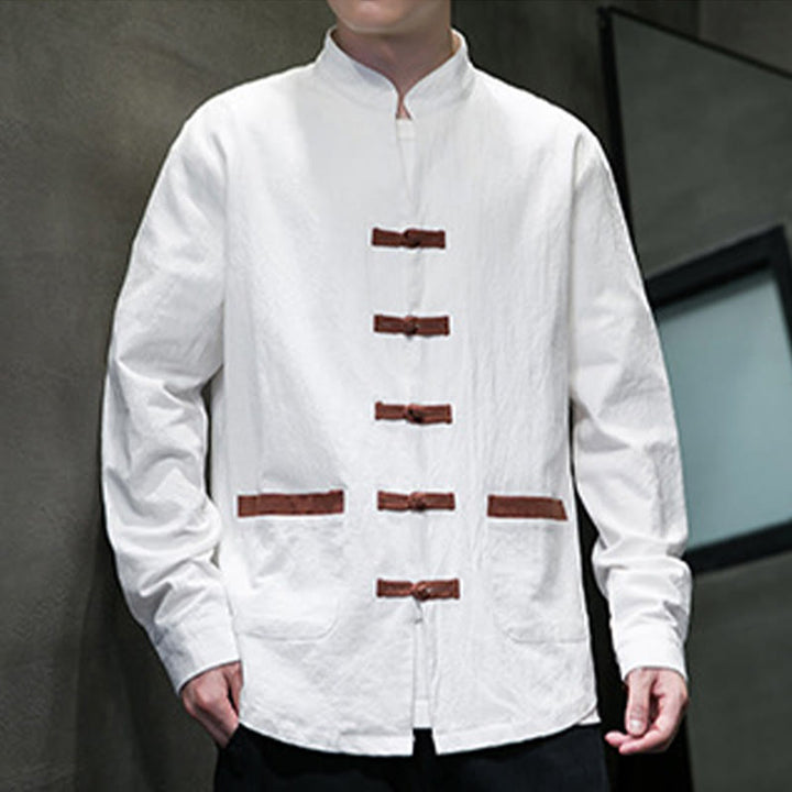 Buddha Stones Men's Stand Collar Frog-button Cotton Linen Long Sleeve Shirt With Pockets - image 4
