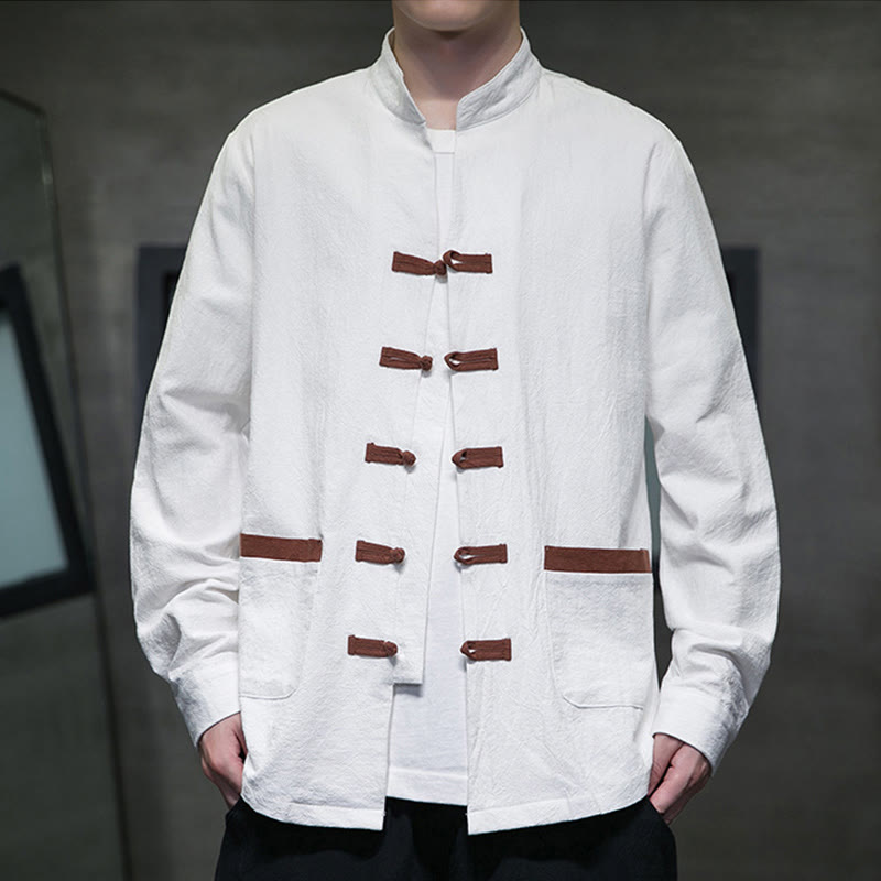 Buddha Stones Men's Stand Collar Frog-button Cotton Linen Long Sleeve Shirt With Pockets - White - US/UK/AU46，EU56 (5XL) - image 0