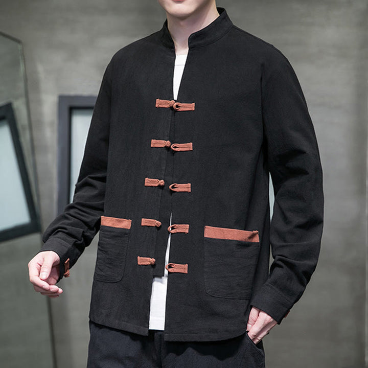 Buddha Stones Men's Stand Collar Frog-button Cotton Linen Long Sleeve Shirt With Pockets - image 10