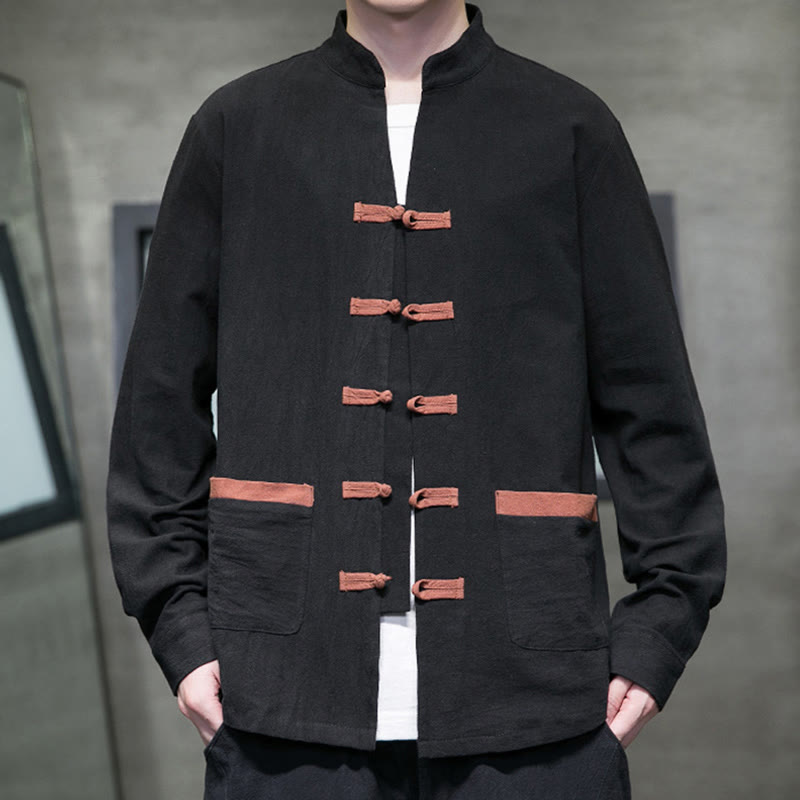 Buddha Stones Men's Stand Collar Frog-button Cotton Linen Long Sleeve Shirt With Pockets - Black - US/UK/AU46，EU56 (5XL) - image 9