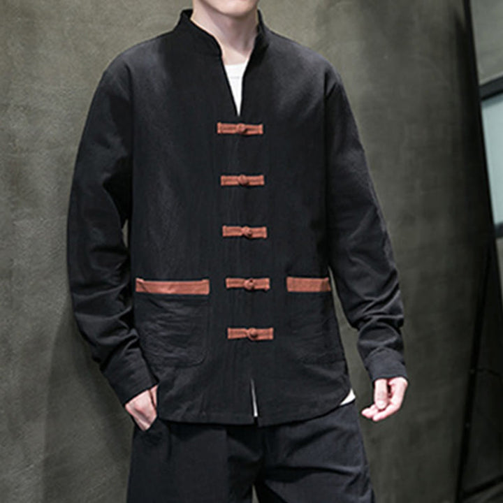 Buddha Stones Men's Stand Collar Frog-button Cotton Linen Long Sleeve Shirt With Pockets - image 12