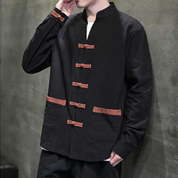 Buddha Stones Men's Stand Collar Frog-button Cotton Linen Long Sleeve Shirt With Pockets - image 11