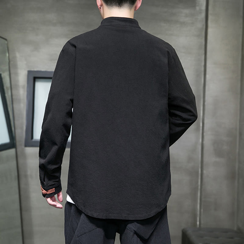 Buddha Stones Men's Stand Collar Frog-button Cotton Linen Long Sleeve Shirt With Pockets - image 13