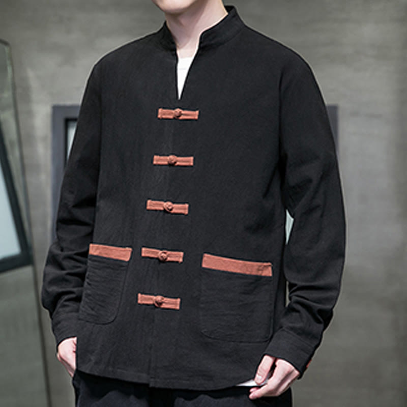Buddha Stones Men's Stand Collar Frog-button Cotton Linen Long Sleeve Shirt With Pockets - image 14