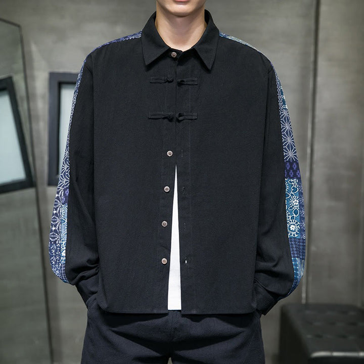 Buddha Stones Men's Flower Pattern Stitching Cotton Blend Long Sleeve Shirt - Black - US/UK/AU50，EU60 (5XL) - image 0