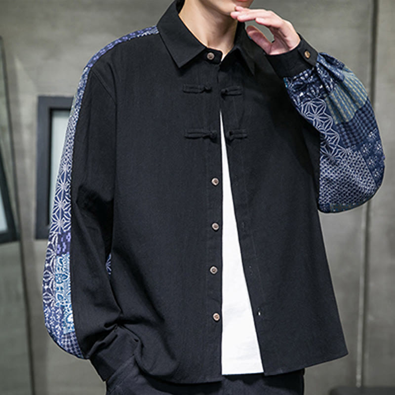 Buddha Stones Men's Flower Pattern Stitching Cotton Blend Long Sleeve Shirt - image 2