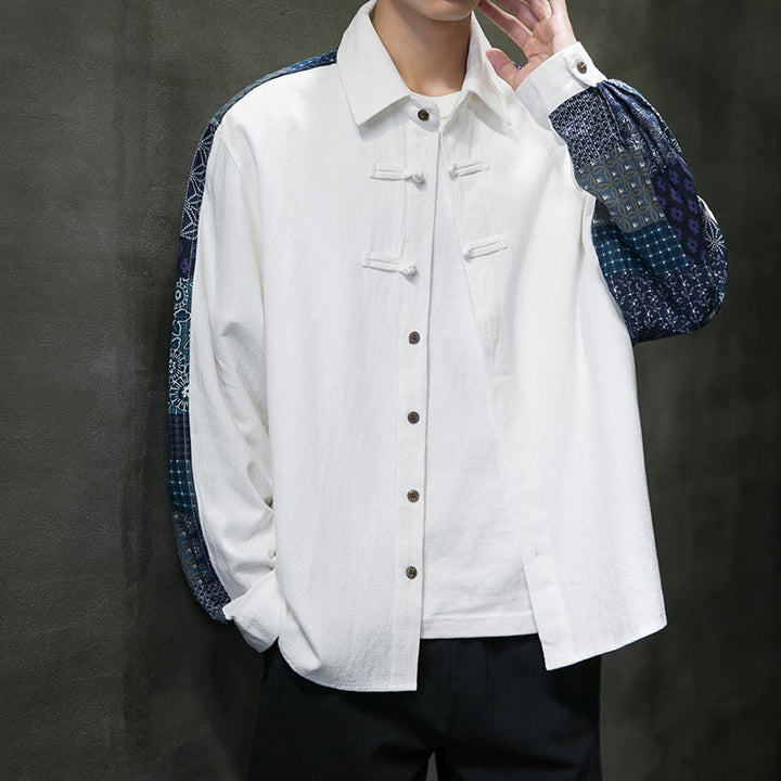Buddha Stones Men's Flower Pattern Stitching Cotton Blend Long Sleeve Shirt - image 14