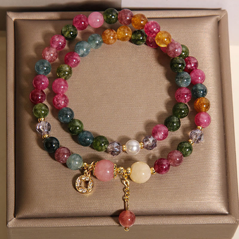 Buddha Stones Tourmaline Purple Jade Aquamarine Jade Copper Coin Positive Double Wrap Bracelet - image 1