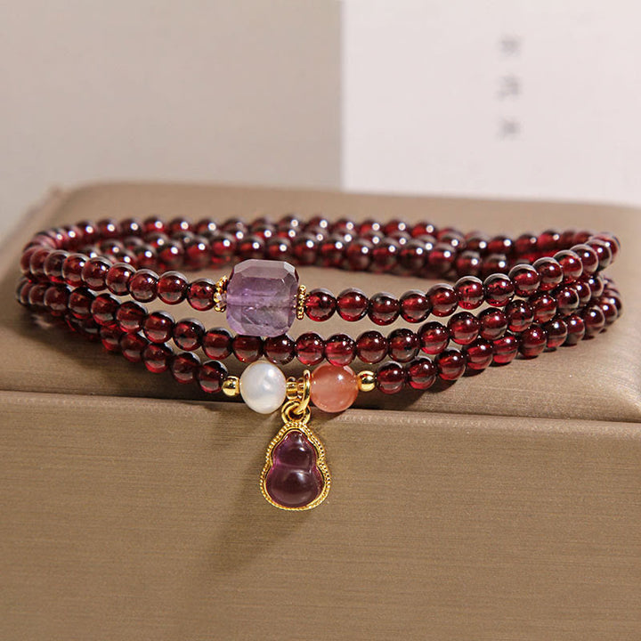 Buddha Stones Natural Garnet Amethyst Gourd Protection Multi-Layer Bracelet - Garnet(Wrist Circumference: 14-15cm) - image 0