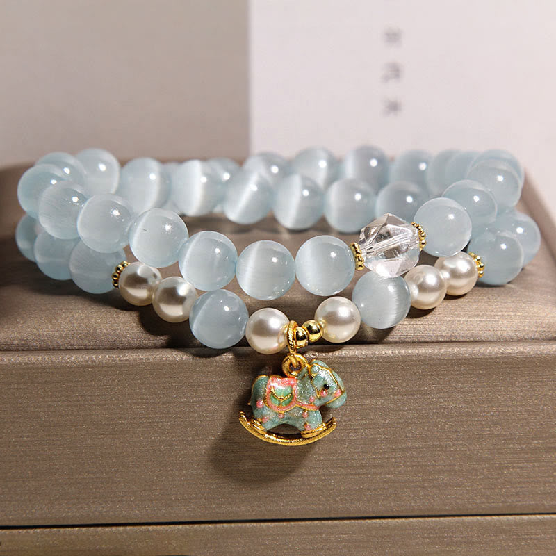 Buddha Stones Blue Cat Eye Trojan Horse Charm Support Double Wrap Bracelet - image 3