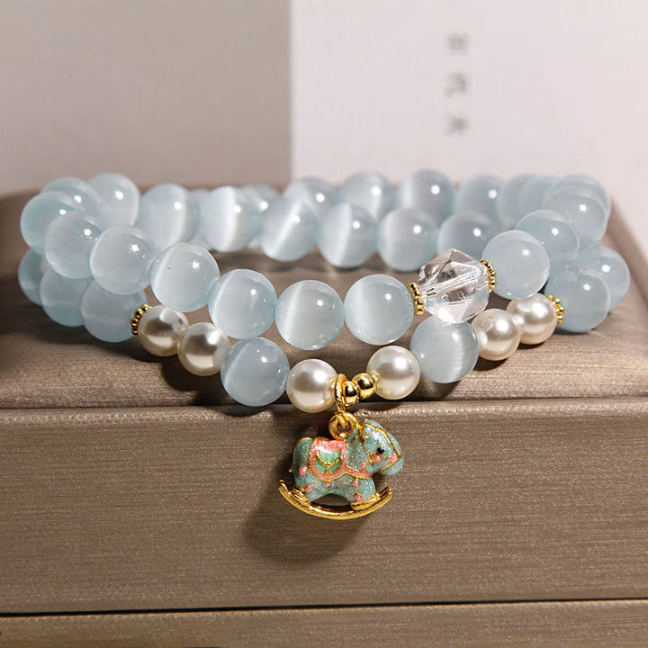 Buddha Stones Blue Cat Eye Trojan Horse Charm Support Double Wrap Bracelet - image 3