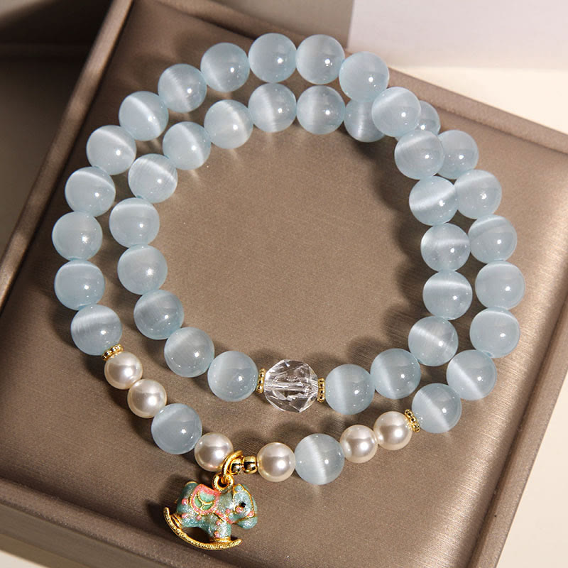 Buddha Stones Blue Cat Eye Trojan Horse Charm Support Double Wrap Bracelet - image 2