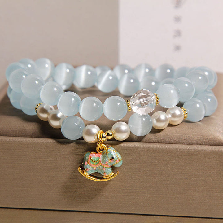 Buddha Stones Blue Cat Eye Trojan Horse Charm Support Double Wrap Bracelet - image 4