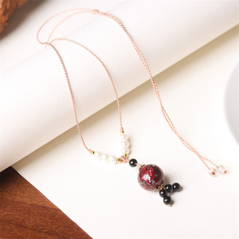 Buddha Stones Ebony Wood Aurora Lacquer Craft Bead Pearl Balance Necklace Pendant - image 1