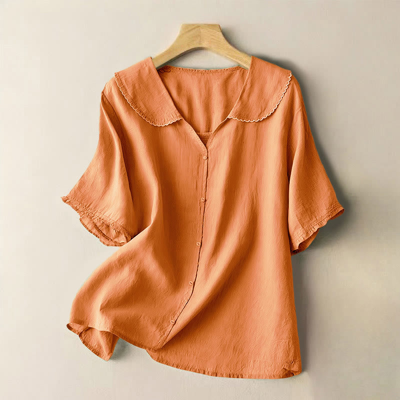 Buddha Stones Casual Plain Button Half Sleeve Middy Collar Women's Shirt - SandyBrown - US12，UK/AU16，EU44 (2XL) - image 5