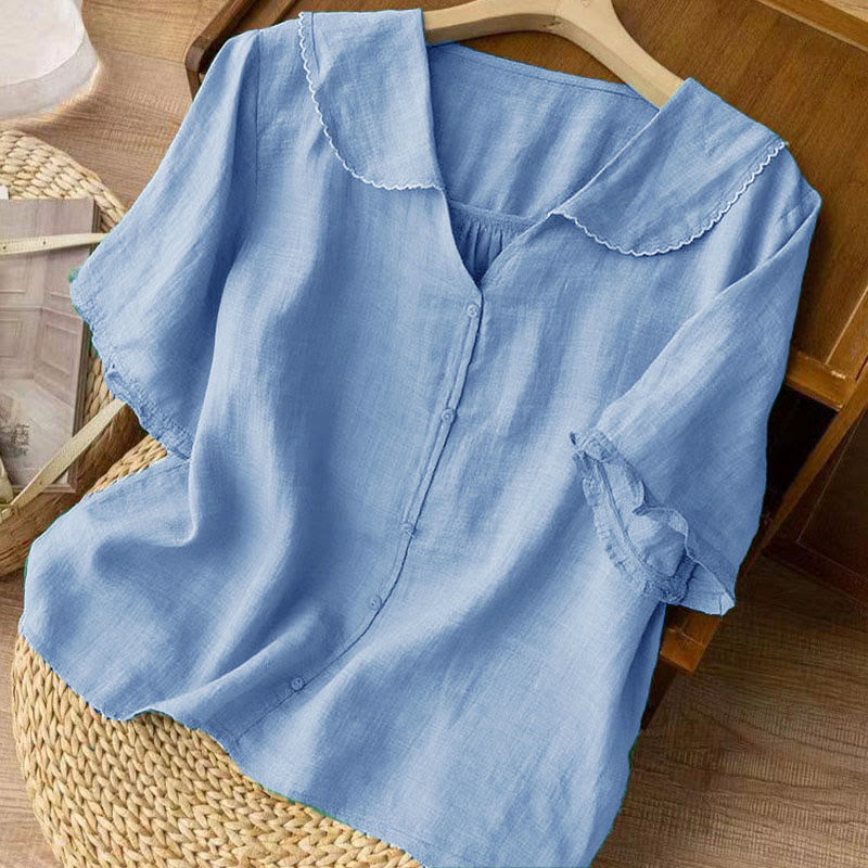 Buddha Stones Casual Plain Button Half Sleeve Middy Collar Women's Shirt - image 15