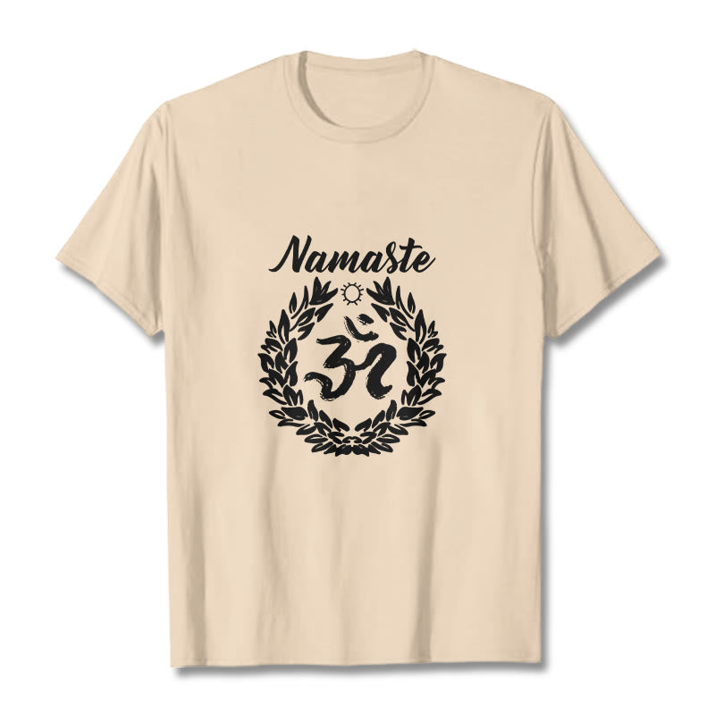 Buddha Stones Om Sanskrit Namaste Leaves Pattern Meditation Cotton Tee T-shirt - Bisque - 2XL - image 0