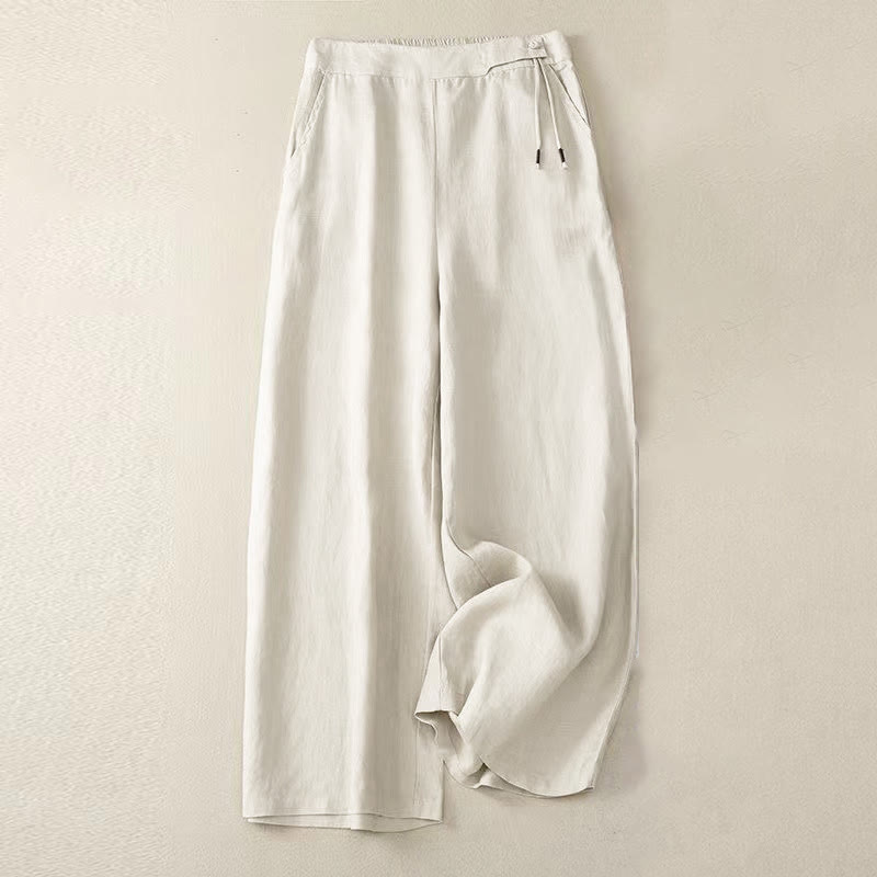 Buddha Stones Casual Solid Color One Button Women's Capri Wide Leg Pants With Pockets - Beige - US12，UK/AU16，EU44 (3XL) - image 12