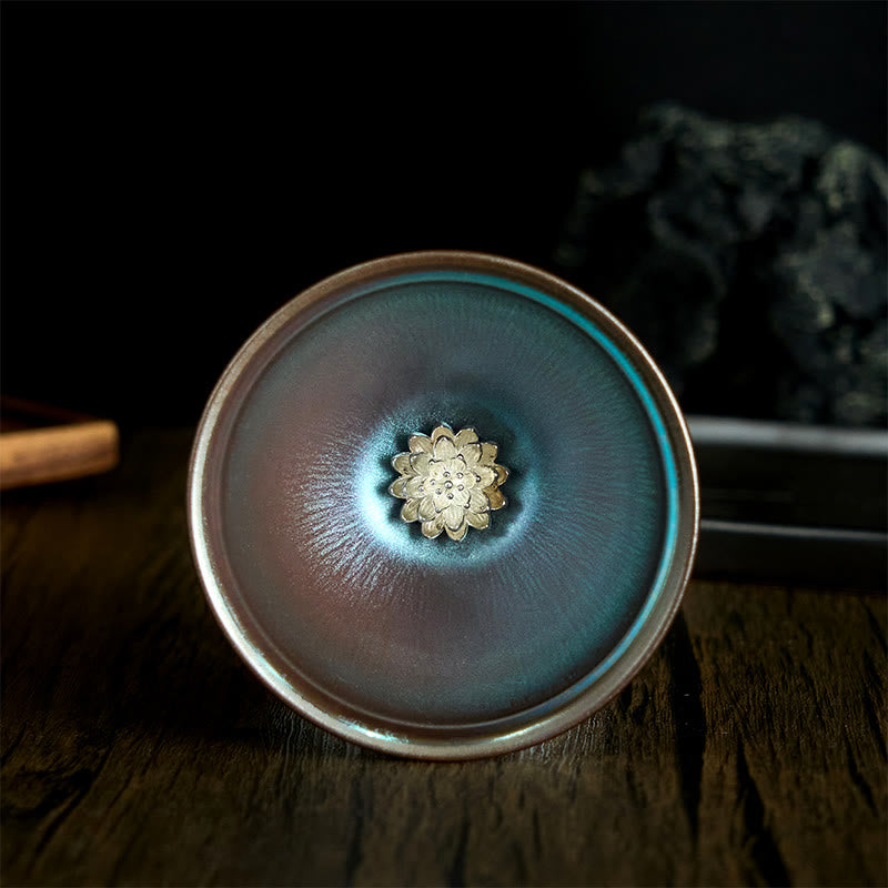Buddha Stones Handmade Chinese Jianzhan Lotus Flower Blue Purple Ceramic Teacup Kung Fu Tea Cup 150ml - 9*5cm*150ml - image 0