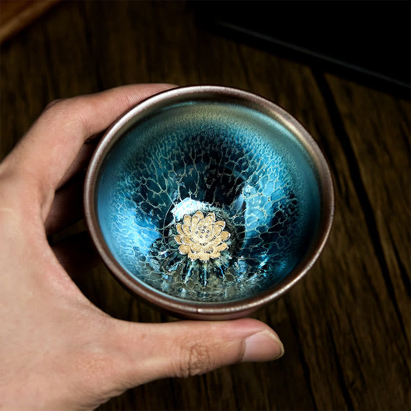 Buddha Stones Handmade Chinese Jianzhan Lotus Blue Ceramic Teacup Kung Fu Tea Cup 150ml - image 3