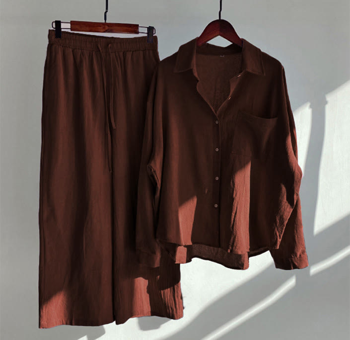 Buddha Stones 2Pcs Long Sleeve Shirt Top With Pockets Drawstring Capri Pants Meditation Cotton Clothing Women's Set - FireBrick - US16，UK/AU20，EU48 (5XL) - image 6