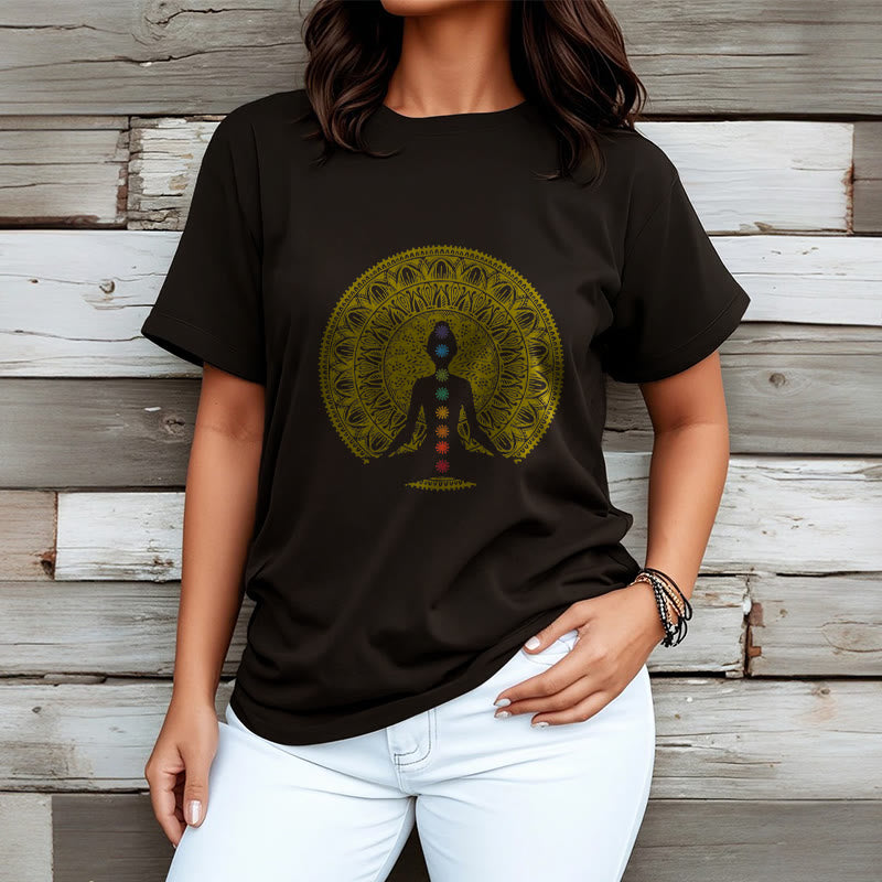 Buddha Stones Casual Colorful Chakra Symbols Golden Meditative Figure Pattern Cotton Tee T-shirt - image 3
