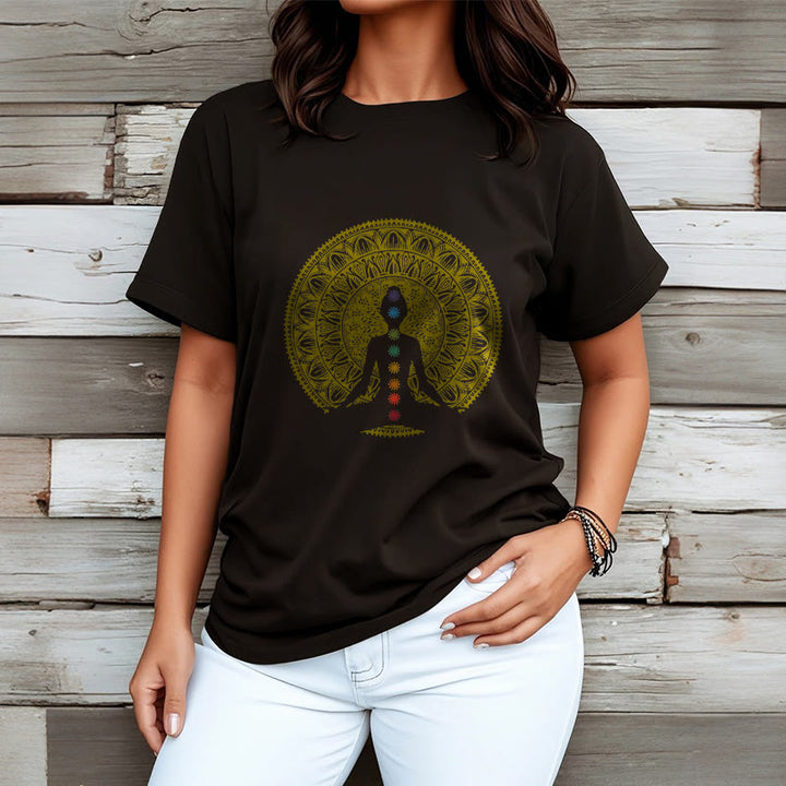 Buddha Stones Casual Colorful Chakra Symbols Golden Meditative Figure Pattern Cotton Tee T-shirt - image 3