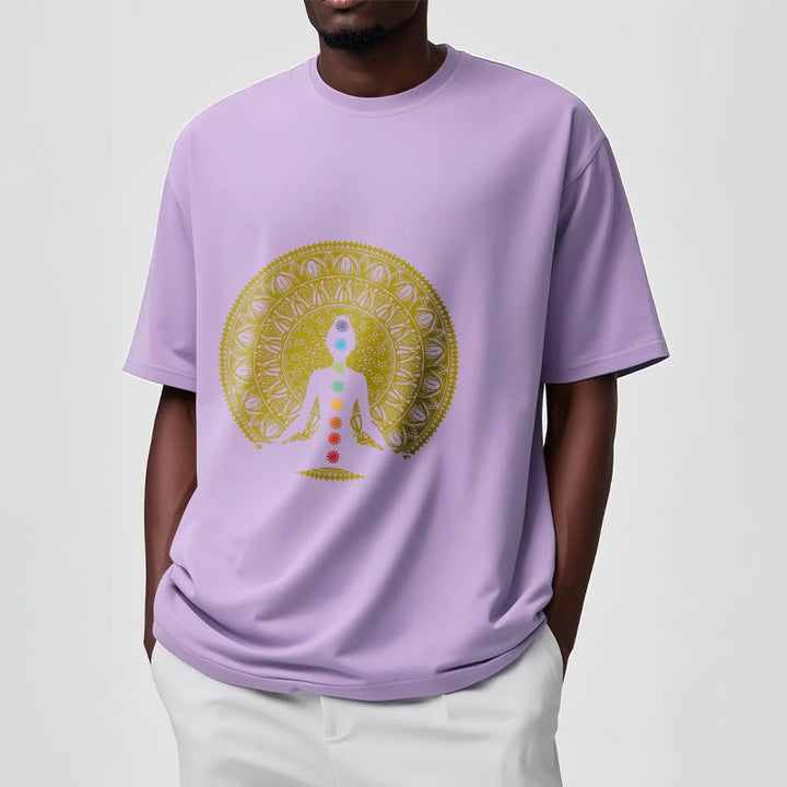 Buddha Stones Casual Colorful Chakra Symbols Golden Meditative Figure Pattern Cotton Tee T-shirt - image 17