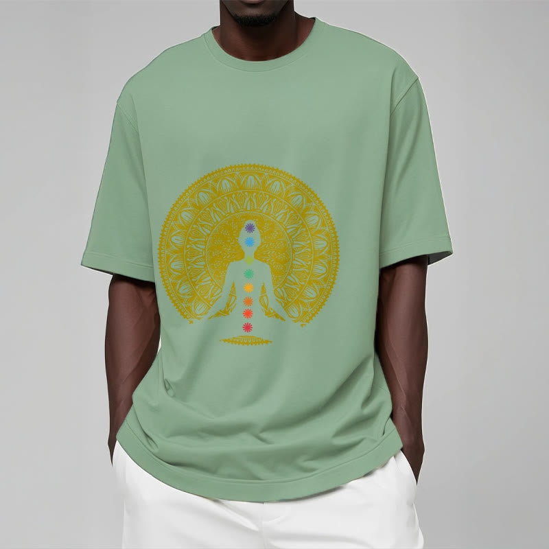 Buddha Stones Casual Colorful Chakra Symbols Golden Meditative Figure Pattern Cotton Tee T-shirt - image 15