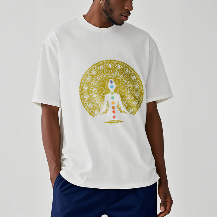 Buddha Stones Casual Colorful Chakra Symbols Golden Meditative Figure Pattern Cotton Tee T-shirt - image 6