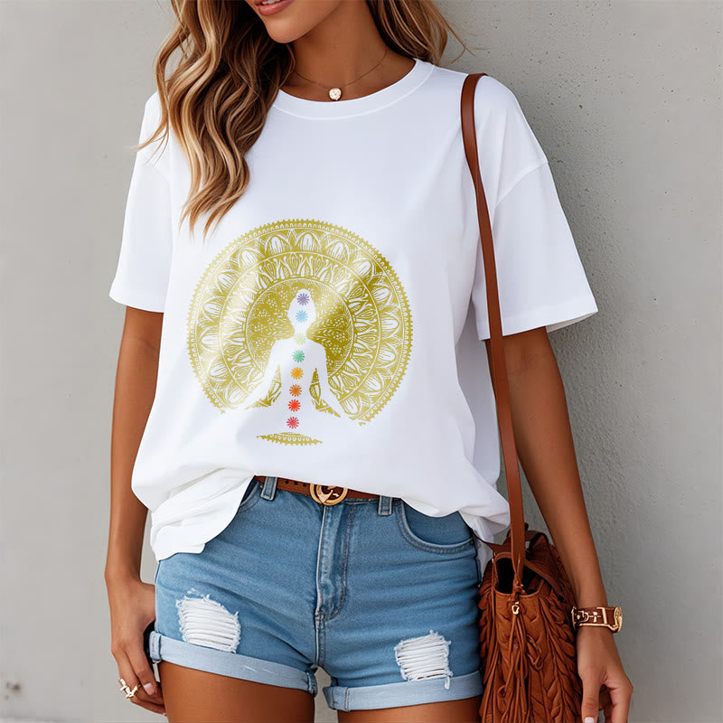 Buddha Stones Casual Colorful Chakra Symbols Golden Meditative Figure Pattern Cotton Tee T-shirt - image 7